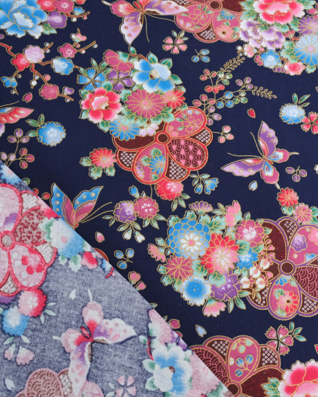 Tissu Coton Imprimé Fleur Merveilleuse Fond Bleu - Mercerine