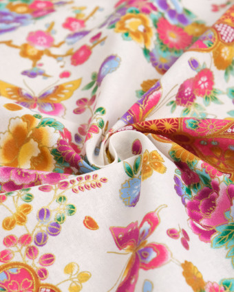Tissu Coton Imprimé Fleur Merveilleuse Fond Ecru - Mercerine