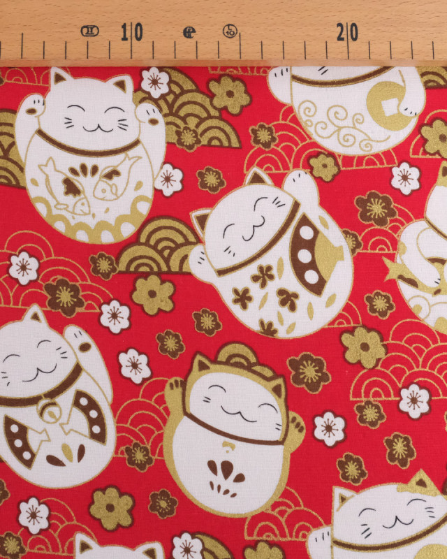 Tissu Coton Imprimé Lurex Chat Fond Rouge - Mercerine