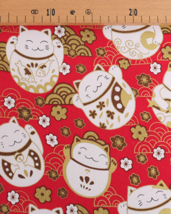Tissu Coton Imprimé Lurex Chat Fond Rouge - Mercerine
