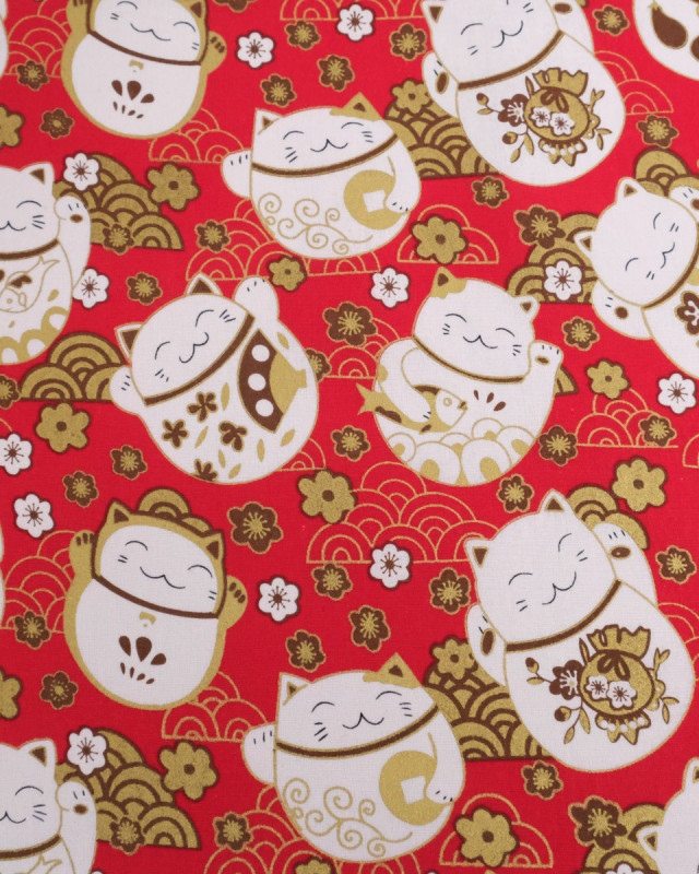 Tissu Coton Imprimé Lurex Chat Fond Rouge - Mercerine