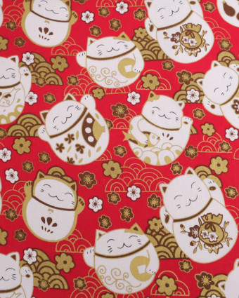 Tissu Coton Imprimé Lurex Chat Fond Rouge - Mercerine