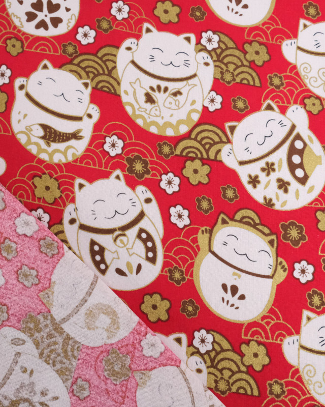 Tissu Coton Imprimé Lurex Chat Fond Rouge - Mercerine