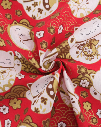 Tissu Coton Imprimé Lurex Chat Fond Rouge - Mercerine