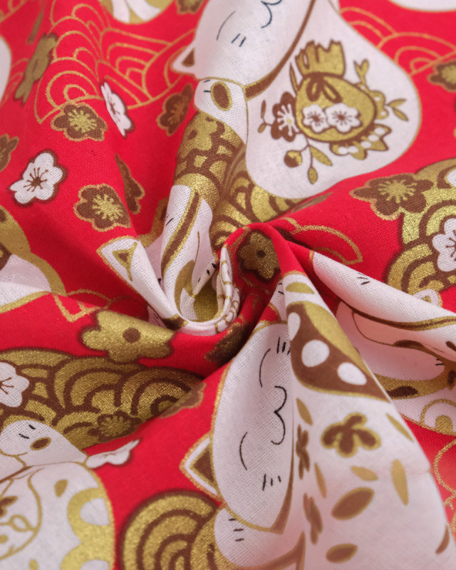 Tissu Coton Imprimé Lurex Chat Fond Rouge - Mercerine