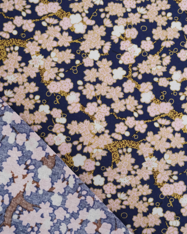 Tissu Coton Imprimé Lurex Sakura Fond Marine - Mercerine