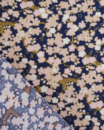 Tissu Coton Imprimé Lurex Sakura Fond Marine - Mercerine