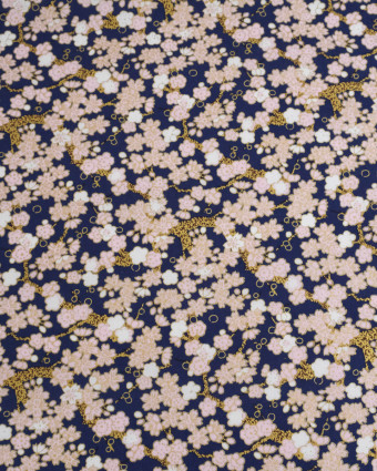Tissu Coton Imprimé Lurex Sakura Fond Marine - Mercerine