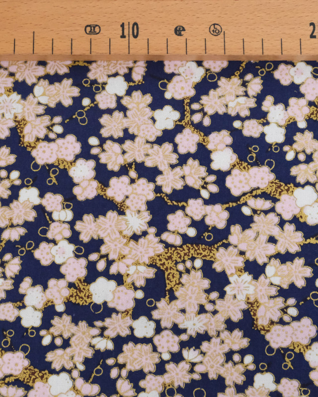 Tissu Coton Imprimé Lurex Sakura Fond Marine - Mercerine