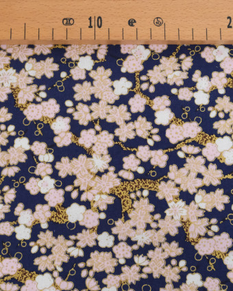 Tissu Coton Imprimé Lurex Sakura Fond Marine - Mercerine