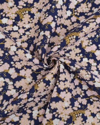 Tissu Coton Imprimé Lurex Sakura Fond Marine - Mercerine