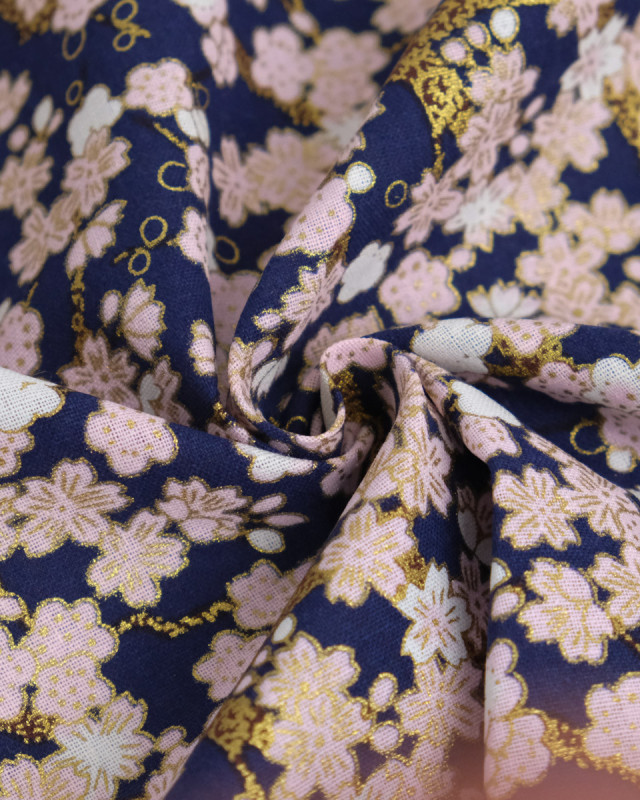 Tissu Coton Imprimé Lurex Sakura Fond Marine - Mercerine