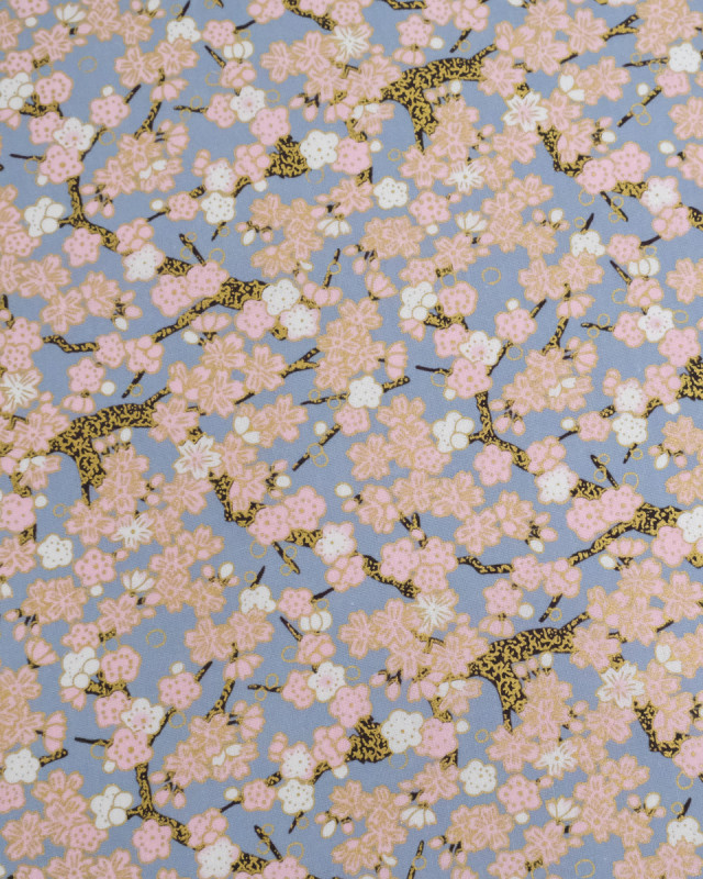 Tissu Coton Imprimé Lurex Sakura Fond Gris - Mercerine