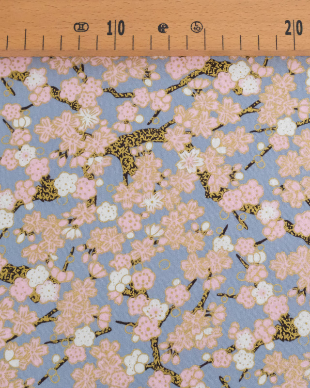 Tissu Coton Imprimé Lurex Sakura Fond Gris - Mercerine