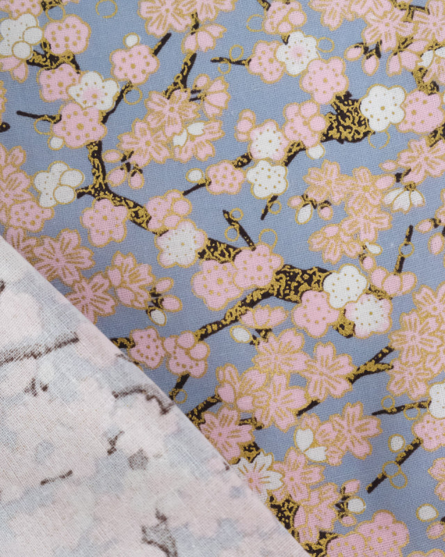 Tissu Coton Imprimé Lurex Sakura Fond Gris - Mercerine