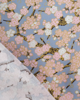 Tissu Coton Imprimé Lurex Sakura Fond Gris - Mercerine