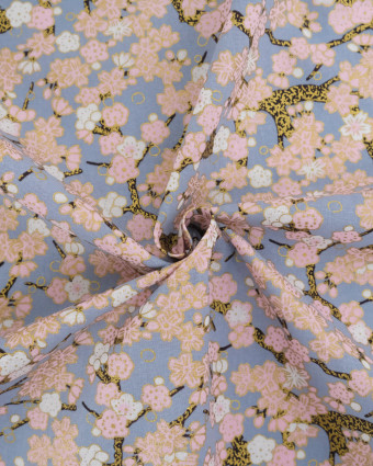 Tissu Coton Imprimé Lurex Sakura Fond Gris - Mercerine