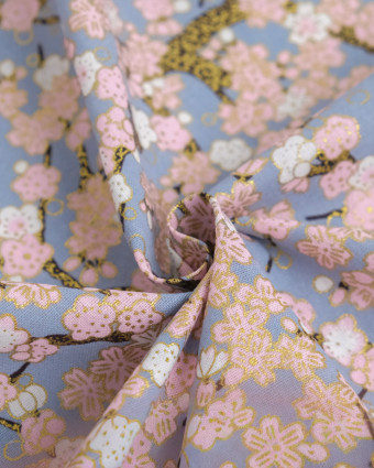 Tissu Coton Imprimé Lurex Sakura Fond Gris - Mercerine