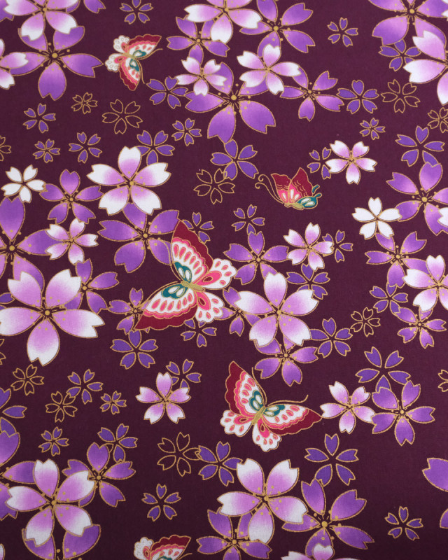 Tissu Coton Imprimé Lurex Sakura Papillon Violet - Mercerine