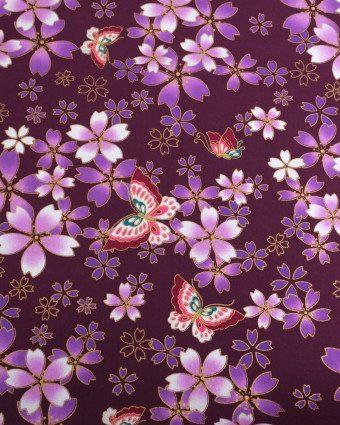Tissu Coton Imprimé Lurex Sakura Papillon Violet - Mercerine