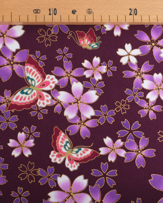 Tissu Coton Imprimé Lurex Sakura Papillon Violet - Mercerine