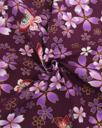 Tissu Coton Imprimé Lurex Sakura Papillon Violet - Mercerine