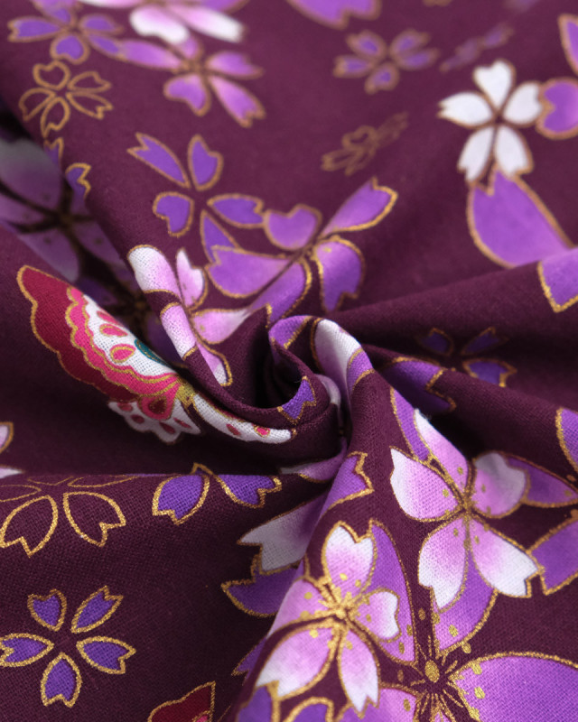 Tissu Coton Imprimé Lurex Sakura Papillon Violet - Mercerine