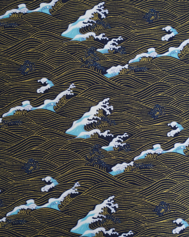 Tissu Coton Imprimé Lurex Vague Fond Marine - Mercerine