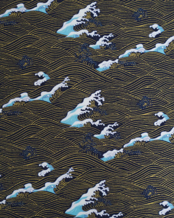 Tissu Coton Imprimé Lurex Vague Fond Marine - Mercerine