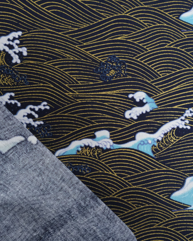 Tissu Coton Imprimé Lurex Vague Fond Marine - Mercerine