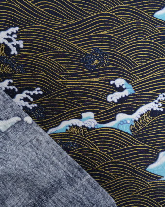 Tissu Coton Imprimé Lurex Vague Fond Marine - Mercerine