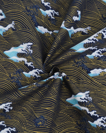 Tissu Coton Imprimé Lurex Vague Fond Marine - Mercerine
