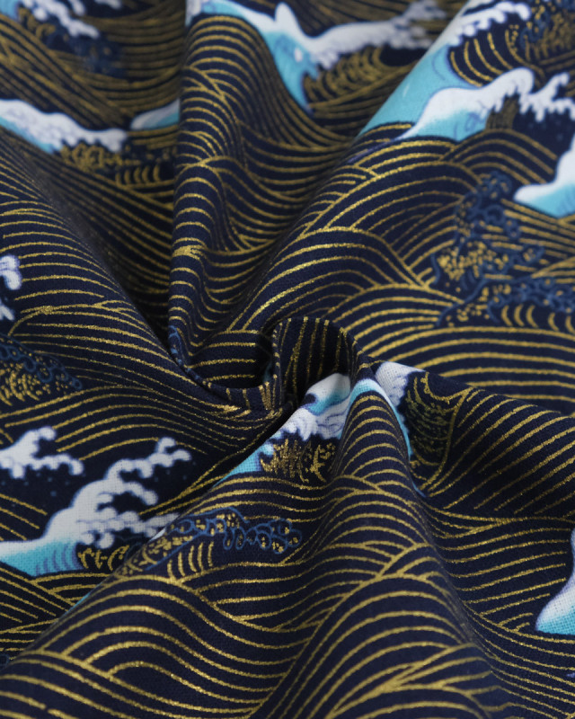 Tissu Coton Imprimé Lurex Vague Fond Marine - Mercerine