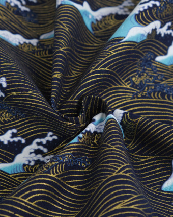 Tissu Coton Imprimé Lurex Vague Fond Marine - Mercerine