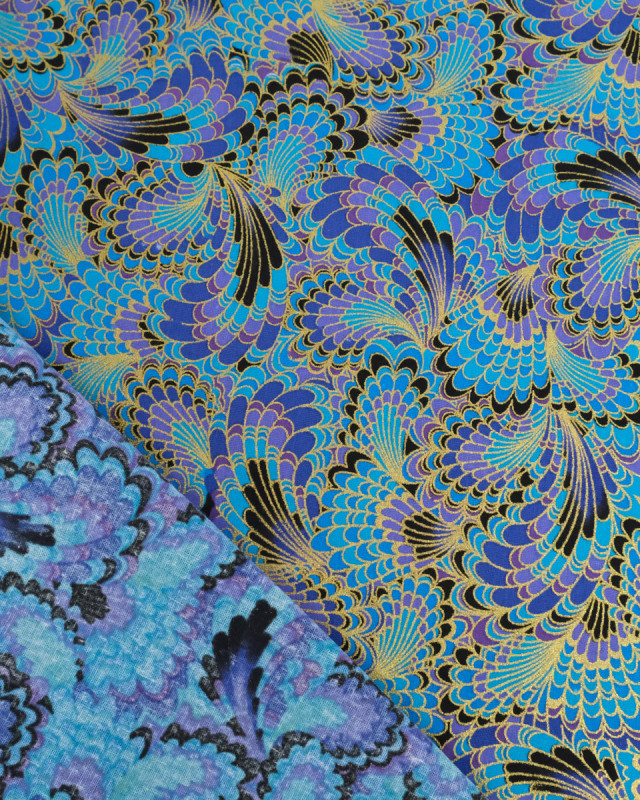 Tissu Coton Imprimé Lurex Paon Turquoise - Mercerine