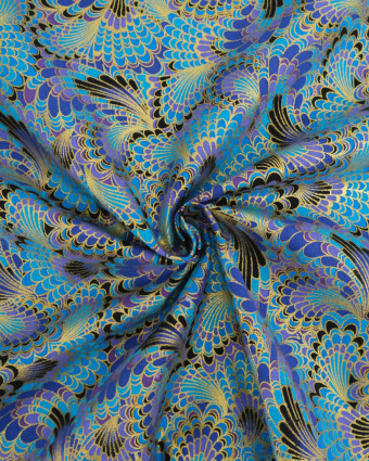Tissu Coton Imprimé Lurex Paon Turquoise