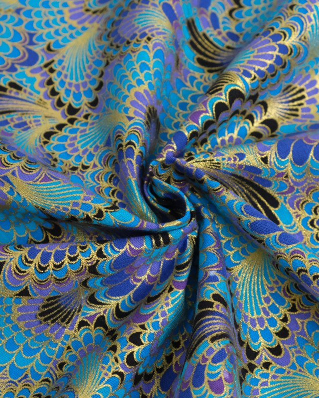 Tissu Coton Imprimé Lurex Paon Turquoise - Mercerine