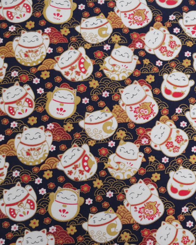 Tissu Coton Imprimé Lurex Neko Chat Fond Marine - Mercerine