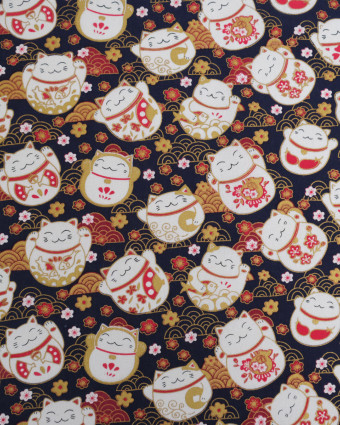 Tissu Coton Imprimé Lurex Neko Chat Fond Marine - Mercerine