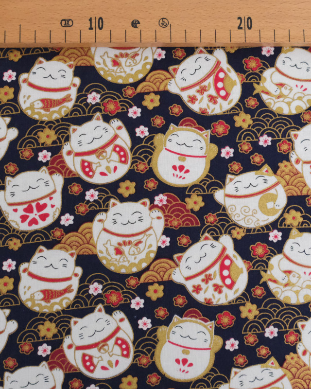 Tissu Coton Imprimé Lurex Neko Chat Fond Marine - Mercerine