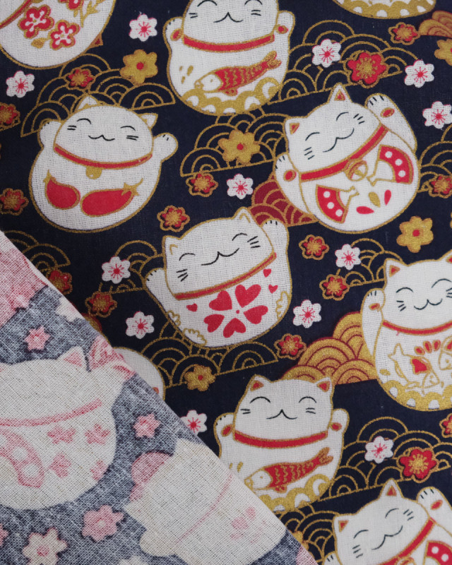 Tissu Coton Imprimé Lurex Neko Chat Fond Marine - Mercerine