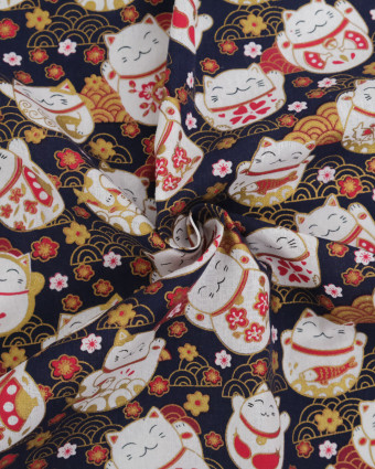 Tissu Coton Imprimé Lurex Neko Chat Fond Marine - Mercerine