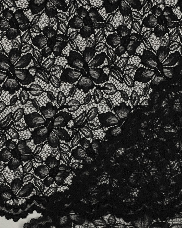 Tissu Dentelle Fleuri Bordure Festonnée Noir - Mercerine