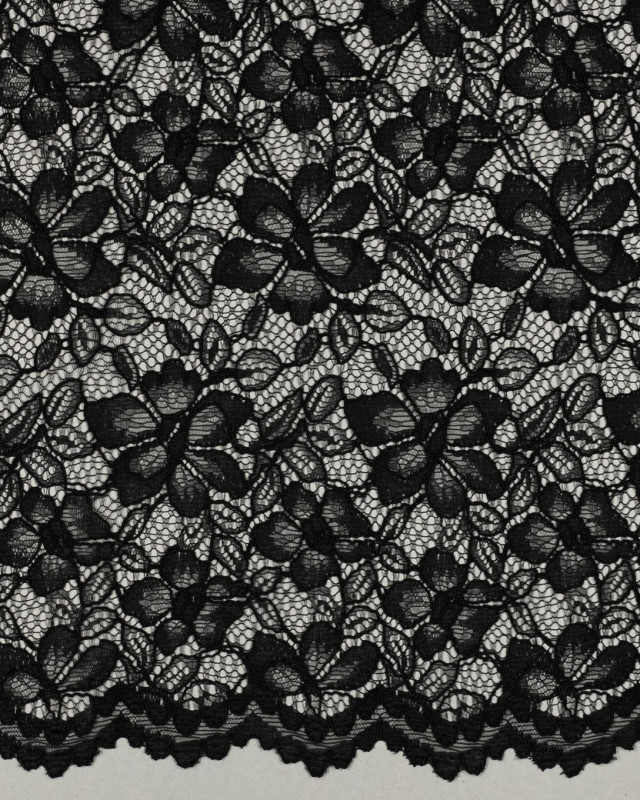 Tissu Dentelle Fleuri Bordure Festonnée Noir - Mercerine