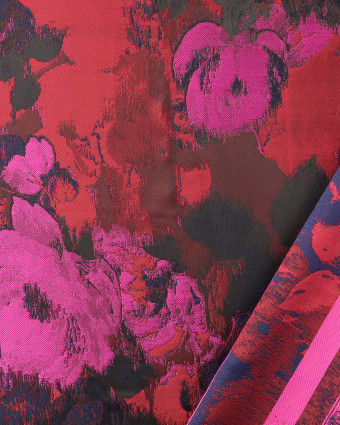 Tissu Jacquard Motif Aquarelle Fleuri Rose et Rouge - Mercerine