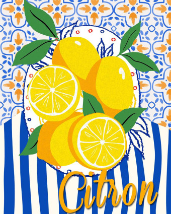 Torchon cuisine 50x70 cm - Citron Rayures Bleu - Mercerine