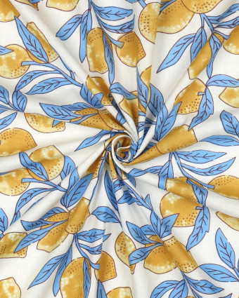 Tissu Coton Block Print  Motif Citron Jaune et Bleu - Mercerine