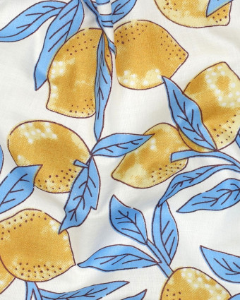 Tissu Coton Block Print  Motif Citron Jaune et Bleu - Mercerine