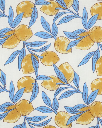 Tissu Coton Block Print  Motif Citron Jaune et Bleu - Mercerine