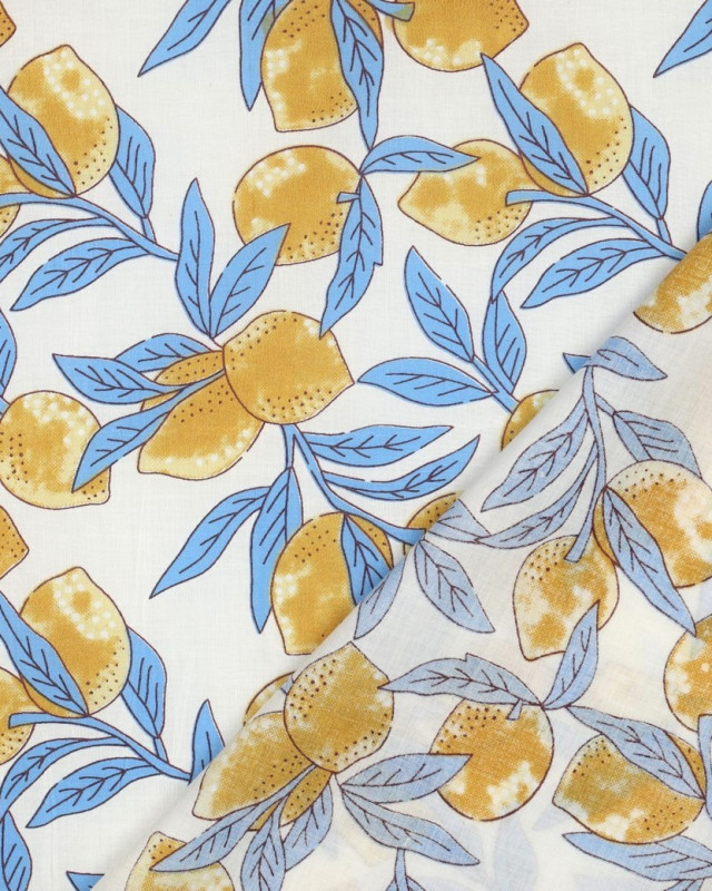 Tissu Coton Block Print  Motif Citron Jaune et Bleu - Mercerine